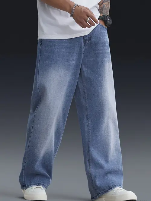 Men’s Light-Wash Wide-Leg Relaxed-Fit Jeans - Washed Denim Pants With