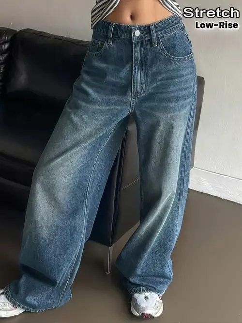 Women'S Stretchy Low-Rise Wide-Leg Jeans - Vintage Blue Washed Denim with Pockets
