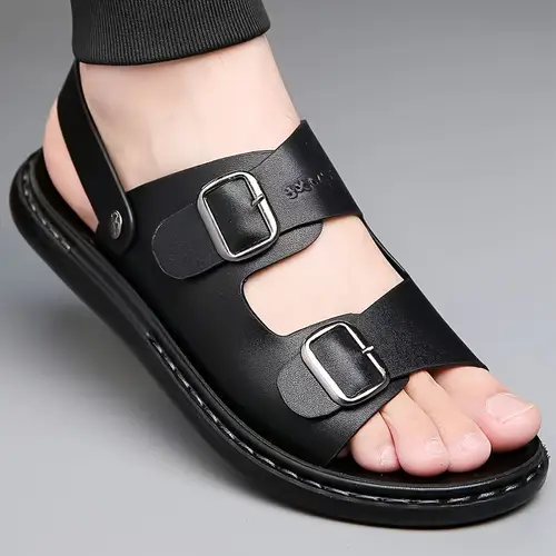 Men’s Casual Slip-On Sandals - Black Synthetic Adjustable Straps With
