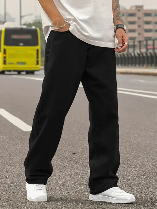 Men’s Vintage Y2K Straight Leg Jeans - Black, Non-Stretch Denim,