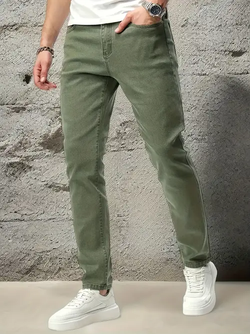 Men’s Slim-Fit Stretch Denim Jeans - Classic Solid Color, Multi-Technique