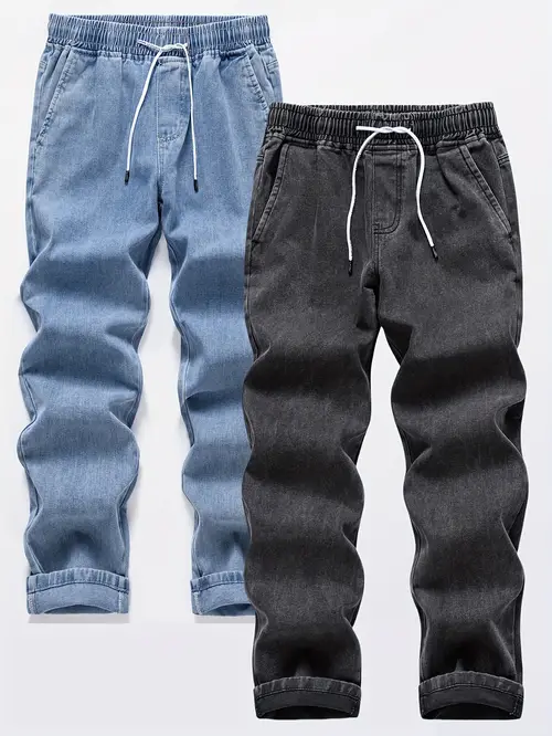 Men’s Denim Jeans Set - Washed Loose Straight-Leg Drawstring Elastic