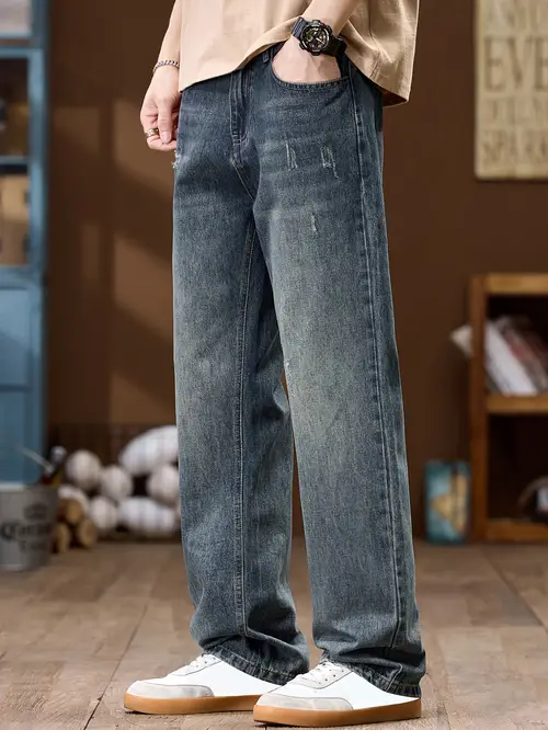 American Vintage Distressed Washed Men’s Wide-Leg Jeans For Fall, Fashionable