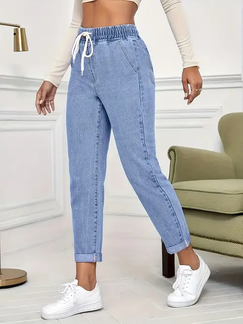 Women's Stretch Jeans - Non-See-Through Stretchy Pants with Drawstring Waist