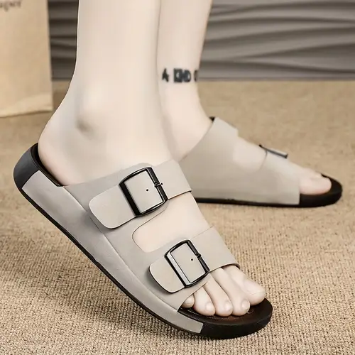 Men’s Stylish Black Slide Sandals With Adjustable Buckle Straps -