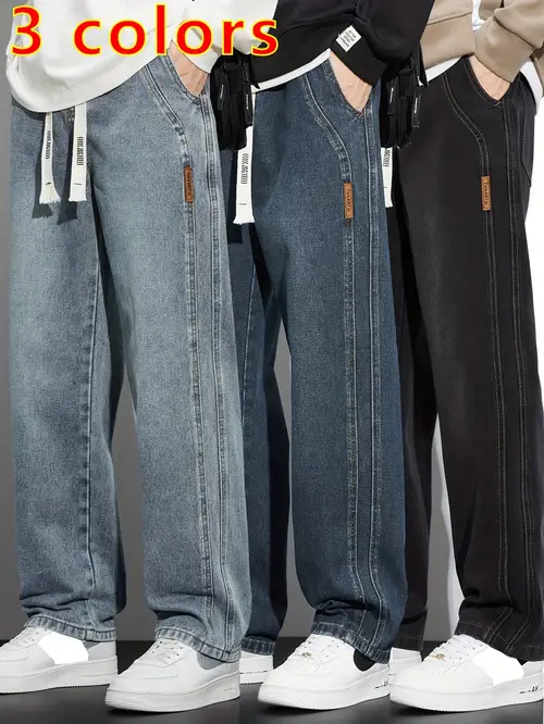 Men’s Heavy-Duty Washed Blue/Black/Dark Grey Straight-Leg Relaxed-Fit Jeans - Wide-Leg