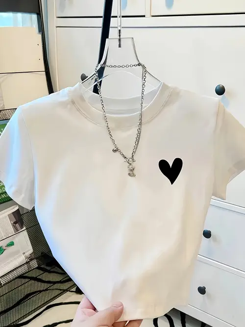 Women’S Minimalist T-Shirt - White Top With Black Heart, Relaxed