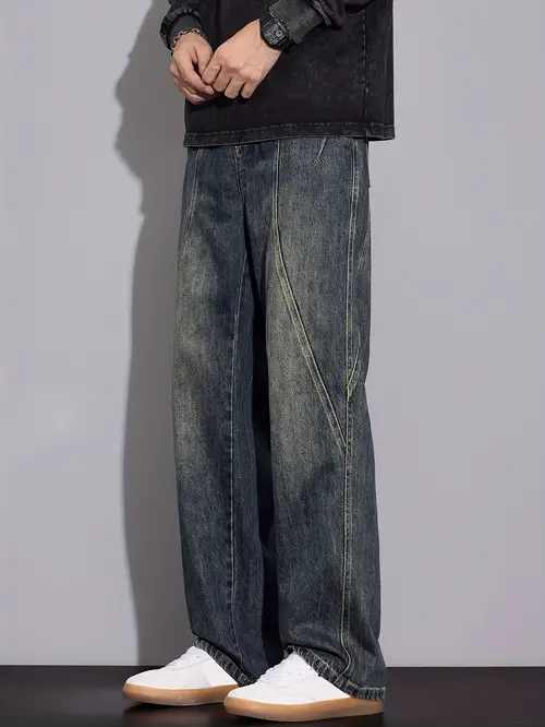 Men’s Heavy-Duty Straight-Leg Mid-Rise Vintage Washed Jeans - All-Season Classic