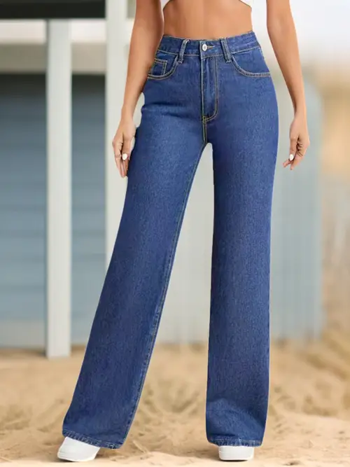 Women's Blue Relaxed-Fit Straight-Leg Jeans - Stretch Pants with Washed Texture